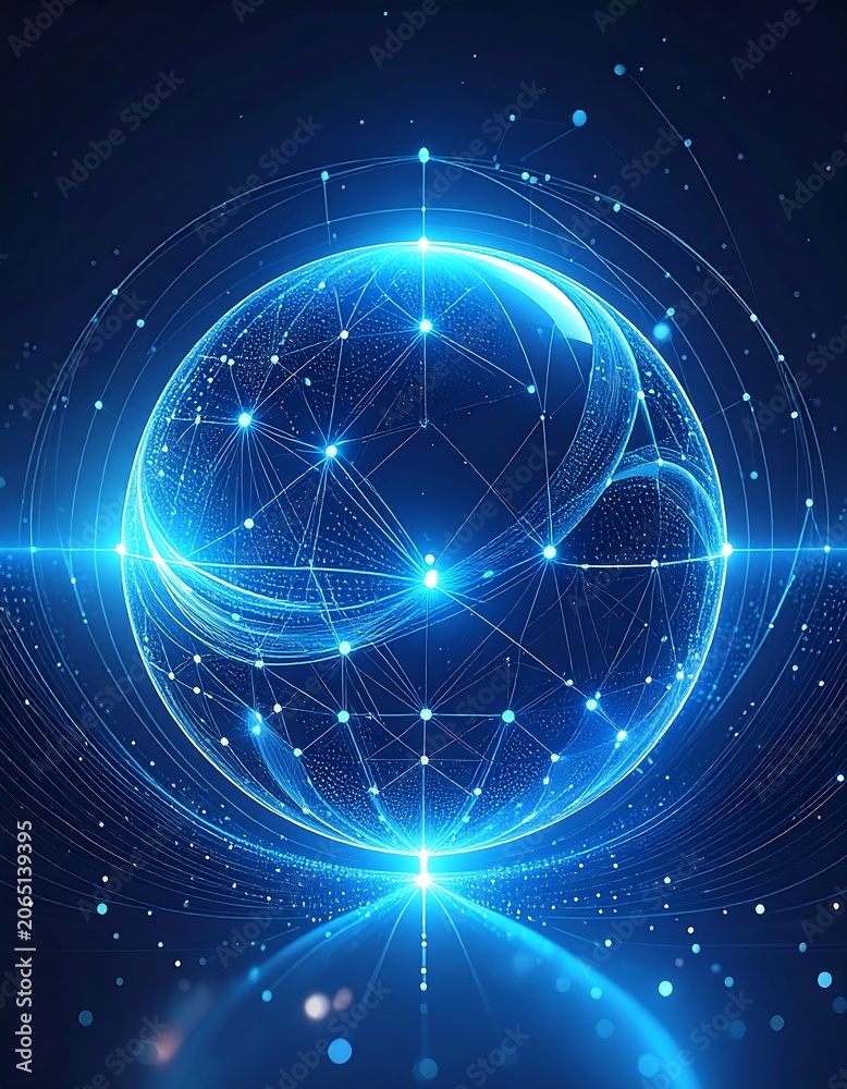 Fototapeta premium A glowing blue orb with intricate network lines and sparkling dots against a dark background