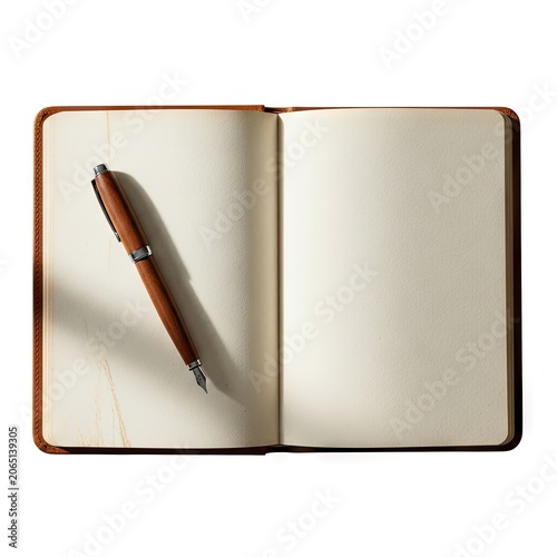 Open Notebook with Pen on White Background.