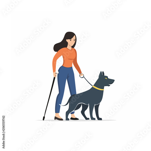 Woman walking with a guide dog and cane