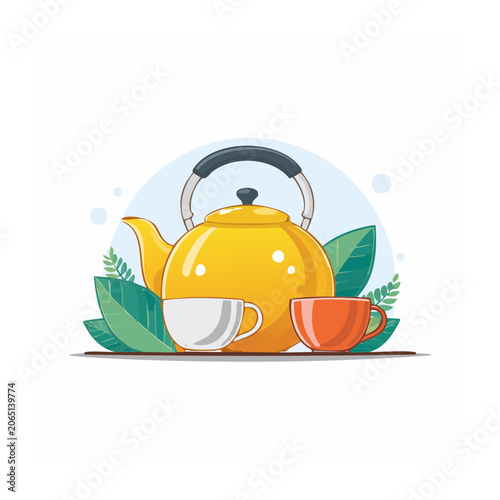 Yellow teapot with two cups and green leaves, flat design