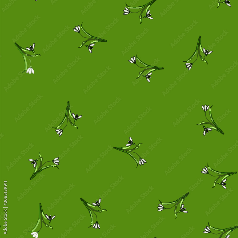 Fototapeta premium seamless pattern Snowdrop flowers featuring white petals, green stems, and vibrant green leaves, symbolizing new beginnings, freshness, and the arrival of spring season