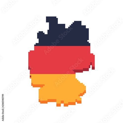 Pixel art map of Germany national flag colors retro 8-bit style geographic illustration for game assets, educational projects, maps, infographics and UI design.