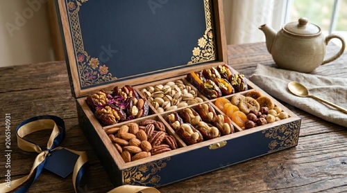 A luxurious wooden box filled with dates, almonds, and pistachios. Ideal for premium food packaging or festive gifts.