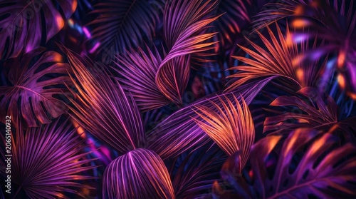 Abstract palm leaves with vibrant neon purple and pink lights. Perfect for modern wallpapers or club flyers.
