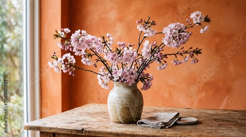 Blooming pink cherry blossoms in a rustic ceramic vase on a wooden table. Best for home decor magazines.