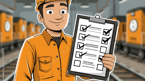 Railway engineer safety checklist train inspection maintenance worker orange uniform rail yard locomotive background quality control industrial safety clipboard document Enthusiastic railway