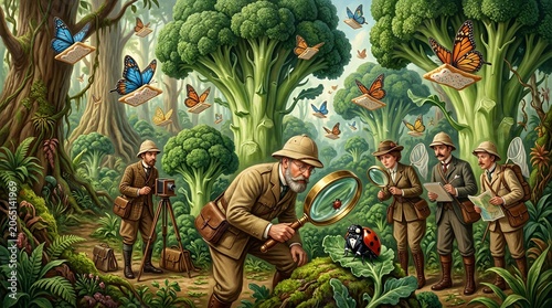 Miniature explorers examining broccoli in a vegetable forest.