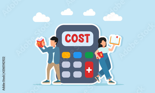 Teenage Boy And Girl Reading Books Near Calculator Labeled Cost Illustration Of Learning Cash Flow Concept
