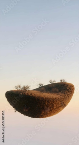 Surreal floating desert island with sparse vegetation suspended in a clear pastel sunset sky representing tranquil isolation and dreamlike landscapes
