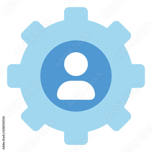 A user profile inside a gear, representing account management, user preferences, and customization settings.