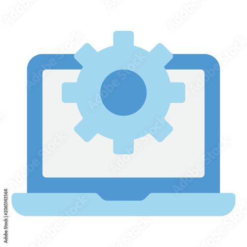 A laptop with a gear symbol representing computer configuration, system settings, or software customization.