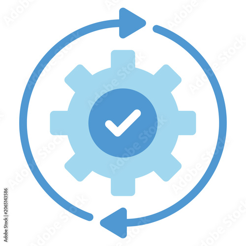 A gear with a check mark surrounded by circular arrows, symbolizing successful process completion, automation, and workflow efficiency.