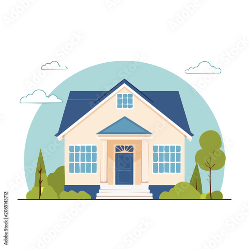 Flat design illustration of a suburban house with trees and clouds