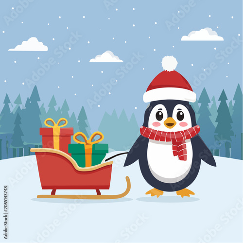 Cute Penguin Pulling Sleigh with Gifts in Snowy Landscape