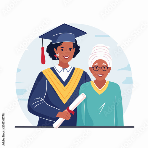 Graduation Celebration: Young Woman and Elder Woman with Diploma
