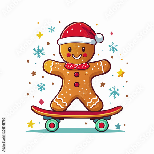 Gingerbread Man on Skateboard with Snowflakes and Stars