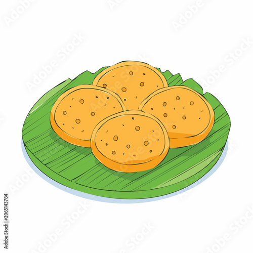 Hand-drawn illustration of four golden pancakes on a banana leaf