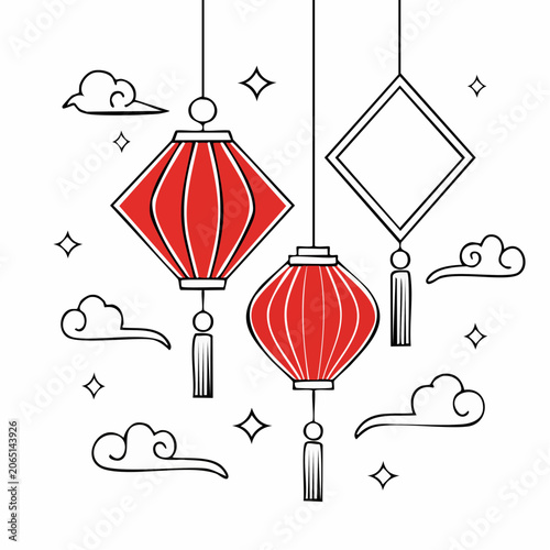 Red Chinese Lanterns with Clouds and Stars Illustration