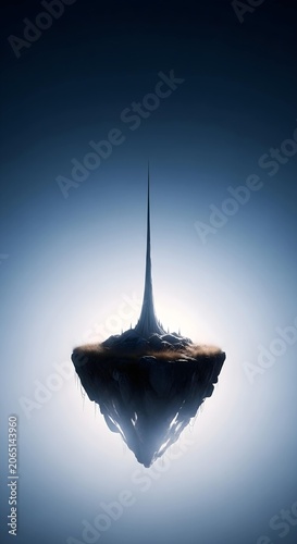 Surreal floating island with a slender spire peak set against a minimalist gradient blue atmospheric background for abstract digital art