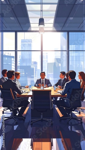 A group of businesspeople in a modern office meeting room