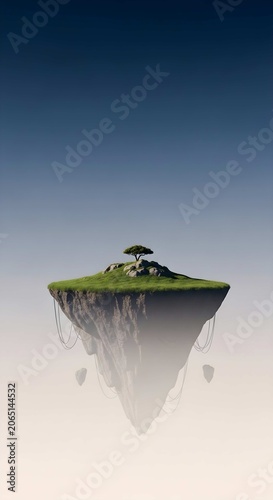 Surreal floating island landscape with a lone green tree suspended in a vast atmospheric sky for fantasy conceptual backgrounds