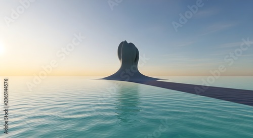 Surreal Architectural Sculpture Rising from Calm Turquoise Ocean Waters at Sunset Horizon