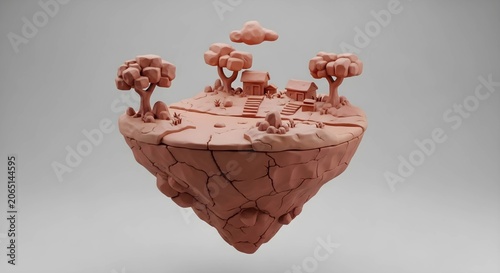 Small Clay Style Floating Island Landscape Featuring Minimalist Trees and Tiny House Structures for Creative Digital Art Projects
