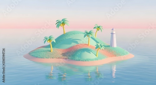 Minimalist 3D rendered tropical island featuring palm trees and a white lighthouse on a calm sea at sunrise