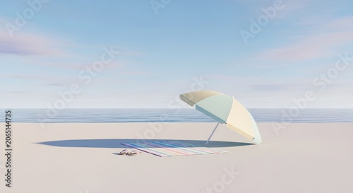 Minimalist beach scene featuring an elegant parasol casting a long shadow on pristine white sand during a serene and calm coastal summer day