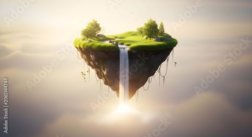 Floating Island in the Sky with Lush Greenery and a Serene Waterfall Cascading into Dreamy Clouds