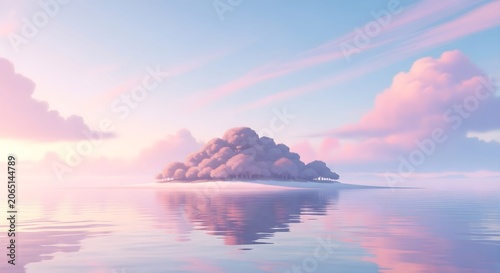Dreamy Pastel Island Landscape Featuring A Soft Cloud Formation Reflecting Over Calm Still Water During A Peaceful Golden Hour Sunset Horizon
