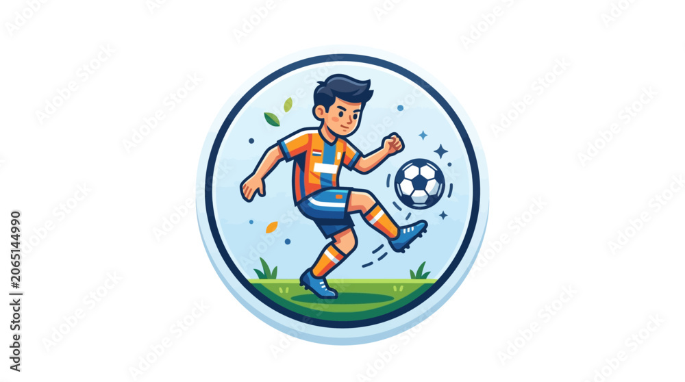 Fototapeta premium Young boy playing soccer in a circular badge.