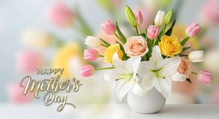 Pastel floral arrangement with white lilies, roses, and tulips for mother's day