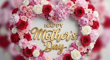 Heart-shaped floral wreath with gold happy mother's day text