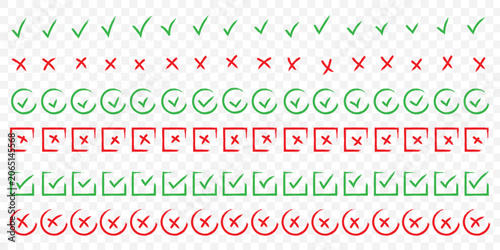 Fotografie Check tick mark icon set, hand drawn doodle red cross box x check mark green checkbox v, sketch marker checklist symbol right and wrong set - for stock