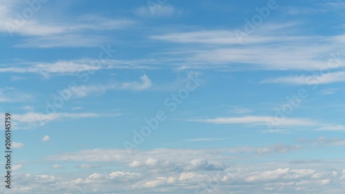 Time lapse video of soft white clouds moving across a bright blue sky background with wispy cirrus textures during a sunny day
