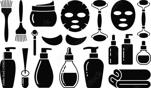 Foto Skincare and facial treatment icons set with skincare treatment products silhoue