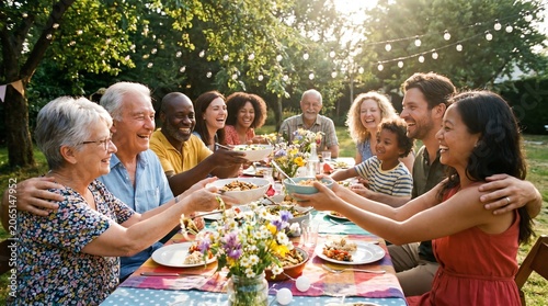 Multigenerational Family Enjoying A Joyful Outdoor Garden Dinner Party With Diverse Friends Sharing A Festive Meal During A Warm Summer Evening