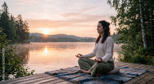 Woman meditating peacefully by a lakeside at sunrise, surrounded by nature, reflecting mindfulness, wellness and inner calm.