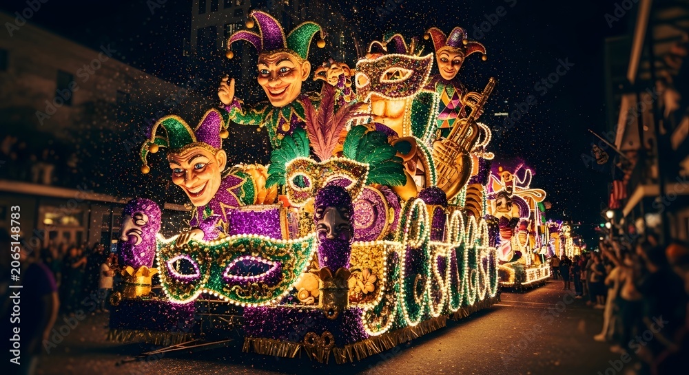 Fototapeta premium Elaborate mardi gras carnival float with jester figures and masks at night