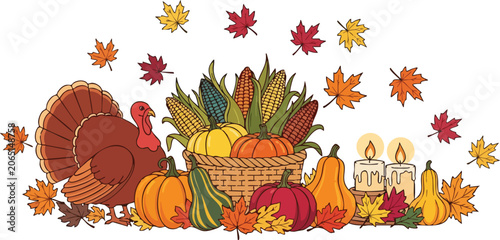 Thanksgiving Harvest Still Life Featuring Woven Basket of Corn Pumpkins Turkey Silhouette and Candles Surrounded by Falling Autumn Leaves