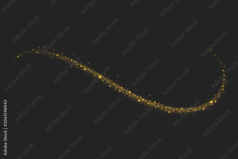 Fototapeta premium Golden dust with glitter with wavy swirl line. Vector magic glow effect of sparkles and confetti. Shiny trail of stars and sequins particles. Christmas swoosh fluid design