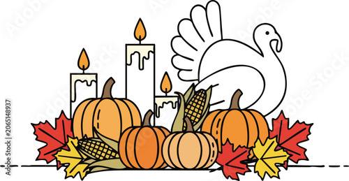 Thanksgiving Tabletop Arrangement With Stylized Pumpkins Corn Ears Turkey Silhouette and Candles Surrounded by Maple Leaves Wreath