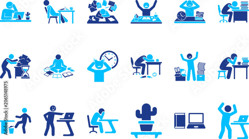 Fényképezés Icons depicting stressed people working at desks, showing frustration and overwhelm