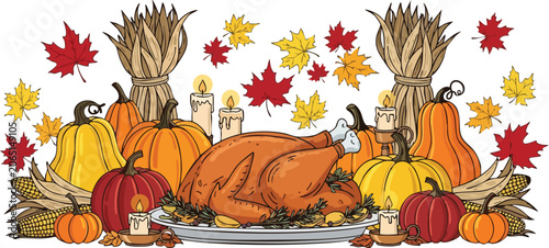 Traditional Thanksgiving Dinner Still Life With Roasted Turkey Pumpkins Corn and Falling Maple Leaves Over Clean White Background