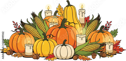 Vibrant Autumn Harvest Celebration Featuring Colorful Pumpkins Ears of Corn and Lit Candles on Plain White Surface