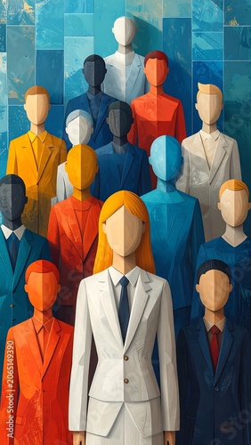 A group of faceless businesspeople in colorful suits against a blue background