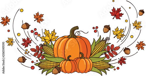 Vibrant Orange Pumpkins Yellow Corn Cobs and Brown Maple Leaves Swirling in a Harvest Themed Composition on White Background