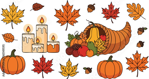 Vibrant Thanksgiving Harvest Scene With Cornucopia Pumpkins Lit Candles and Autumn Foliage on a Clean White Background