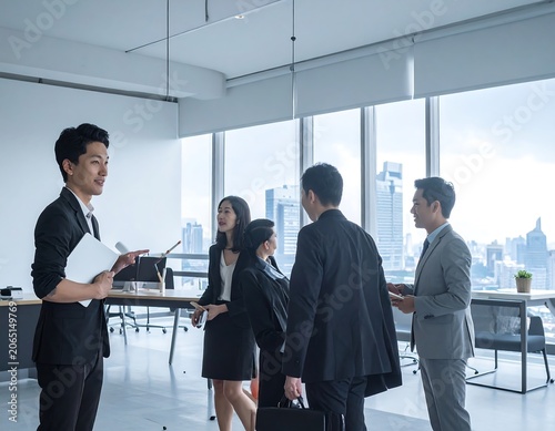 A group of five formally dressed individuals engaged in a professional meeting or discussion in a modern office space with a cityscape view
